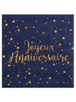 20 Serviettes bleues joyeux anniversaire métallisé