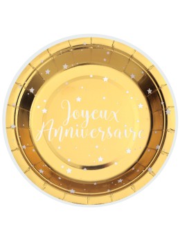 10 Assiettes Joyeux anniversaire 18cm or